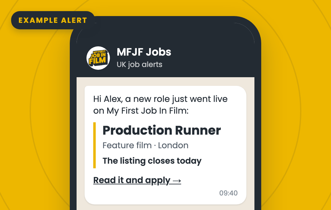 Example WhatsApp alert from MFJF Jobs: a new Production Runner role on a feature film in London has gone live, and the listing closes today.